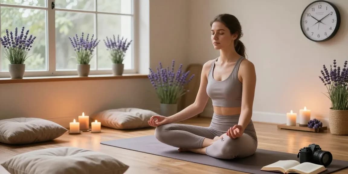 Anxiety meditation session highlighting how anxiety can cause high blood pressure, with a young woman practicing mindfulness in a soothing environment.