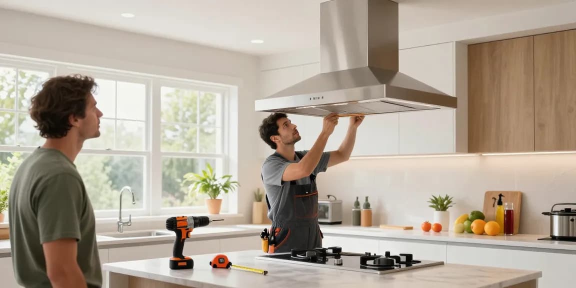 Professional performing exhaust hood installation in a bright kitchen.