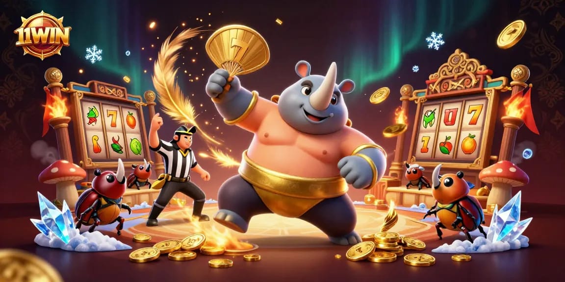 Engage with 11WIN's thrilling slot tournament scene featuring a beetle champion and dazzling gold!