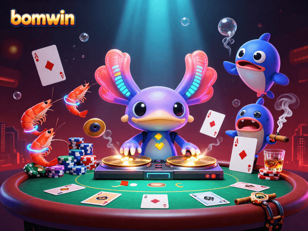 Experience the vibrant bomwin casino scene with axolotl DJ and playful marine characters.