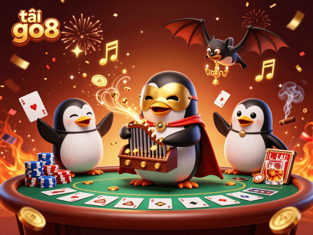 Experience the thrill of tải go88 as the opera penguin unleashes gold coins amidst an exciting casino backdrop.