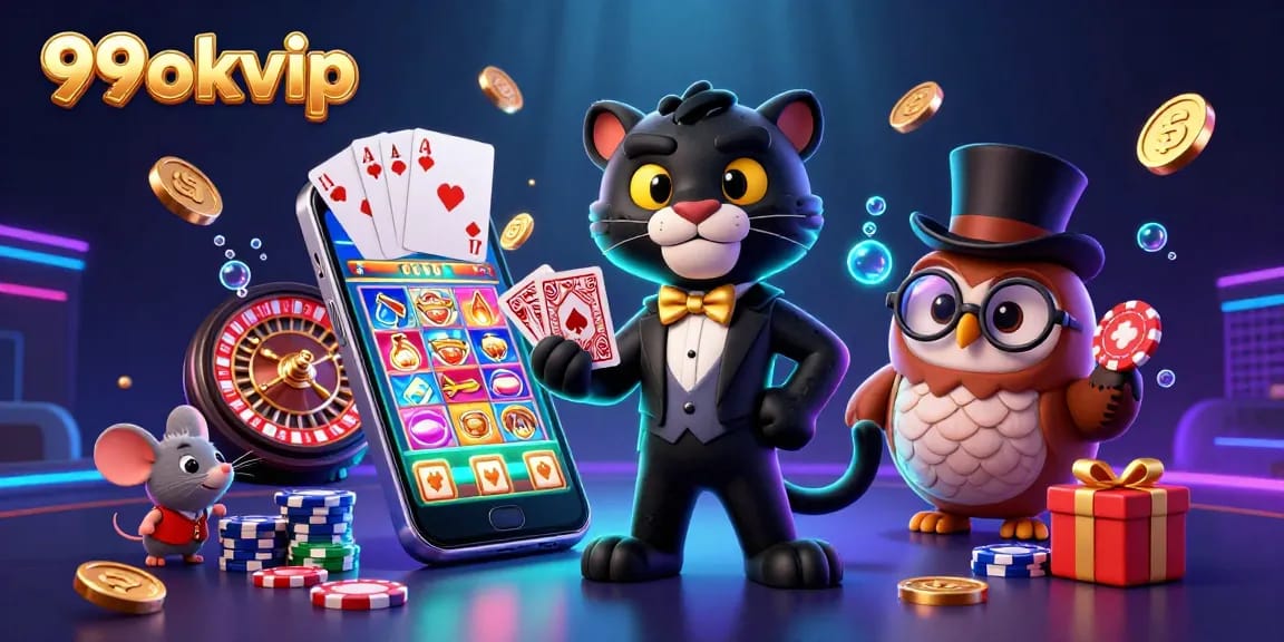 Experience lively gambling with 99okvip as a stylish panther deals cards, accompanied by whimsical characters.