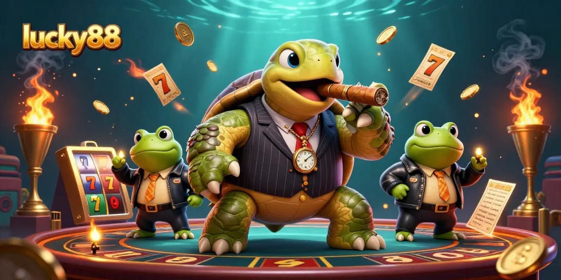 Experience the thrill of winning at lucky88 with a dynamic casino scene featuring a massive turtle and bullfrog enforcers.