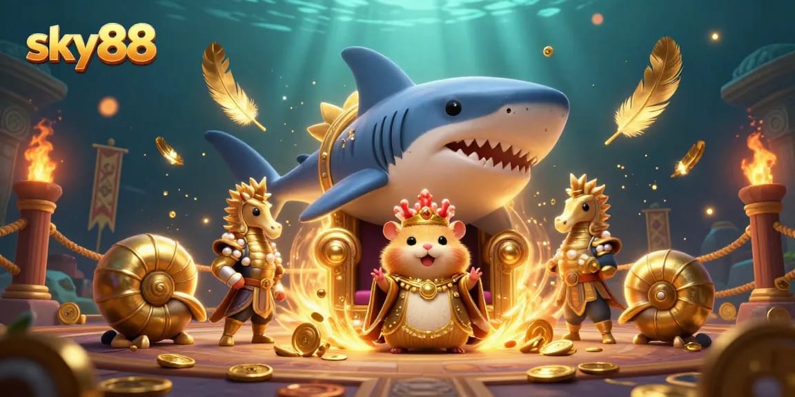 Join the action at sky88 with a captivating 3D casino illustration featuring a hamster king among thrilling gaming elements.
