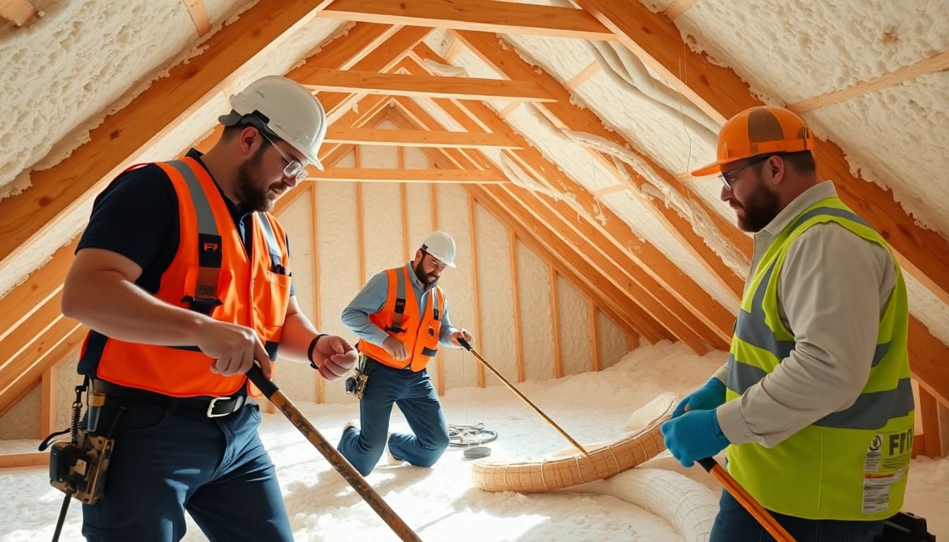 Efficient open cell spray foam removal by professionals in a bright attic setting.