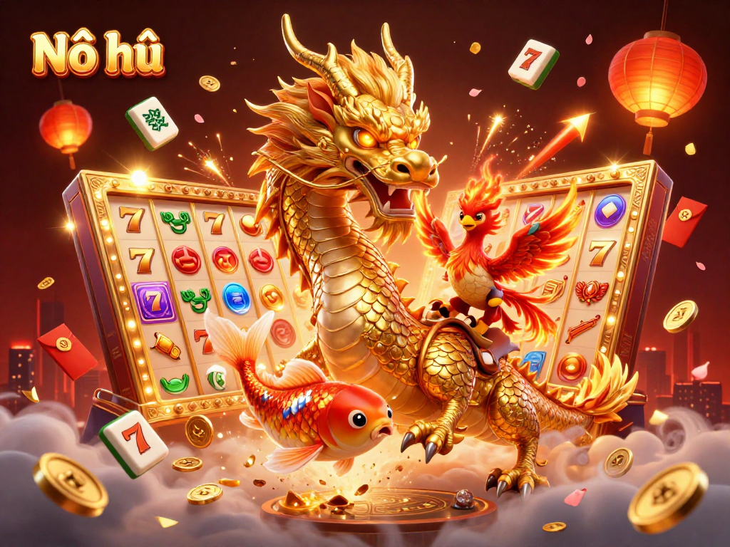 Nổ hũ slot game featuring a golden dragon and vibrant jackpot elements in a dynamic 3D illustration.