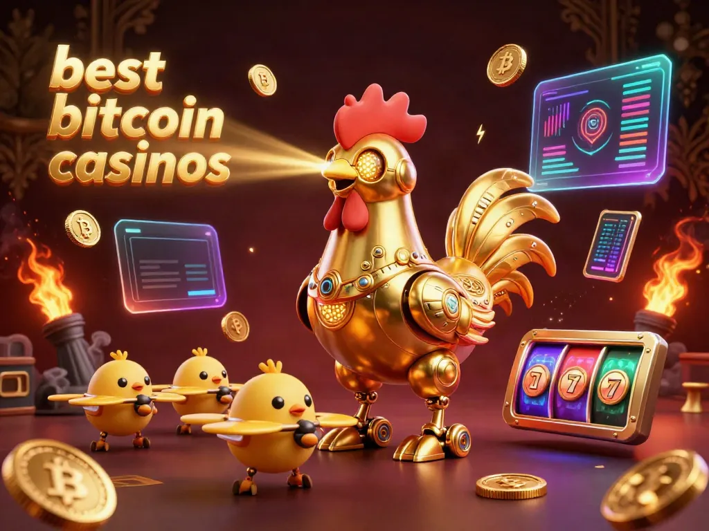 Experience the best bitcoin casinos with an exciting scene featuring a golden rooster robot and crypto coins.