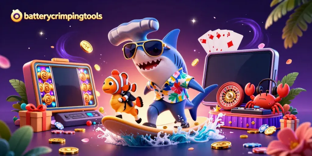 Immerse in batterycrimpingtools casino fun with a shark, clownfish, and crab on a gold coin wave.