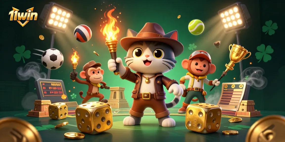 Win big with 11WIN in a vibrant casino-themed adventure featuring iconic game elements.