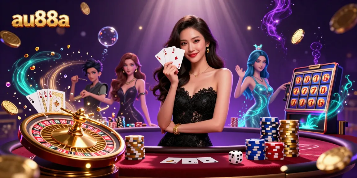 Experience thrilling gameplay at au88a with our elegant ace-holding dealer surrounded by dynamic casino elements.