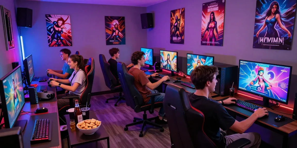 Friends enjoying HTML hentai games in a vibrant gaming lounge with snacks.