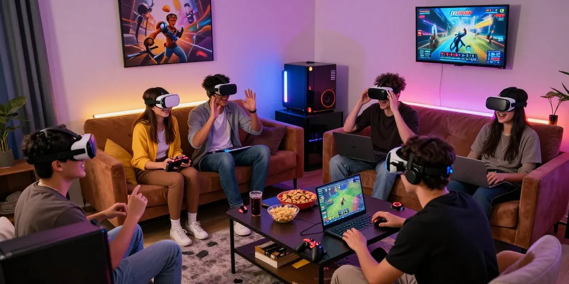 Group enjoying NSFW games in a vibrant gaming lounge with VR headsets and cozy setup.