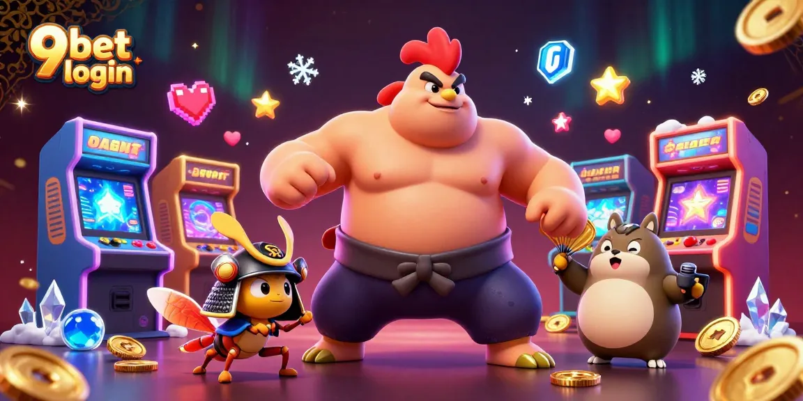Experience the excitement of 9bet login with a powerful sumo wrestler, samurai cricket, and casino graphics.