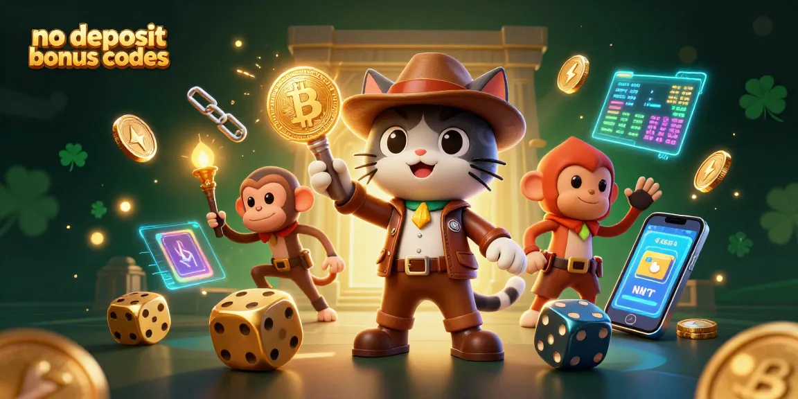 Discover no deposit bonus codes with the energetic explorer cat and monkey in a vibrant casino sanctuary.