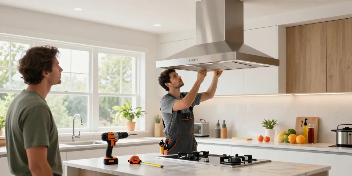 Professional performing exhaust hood installation in a bright kitchen.