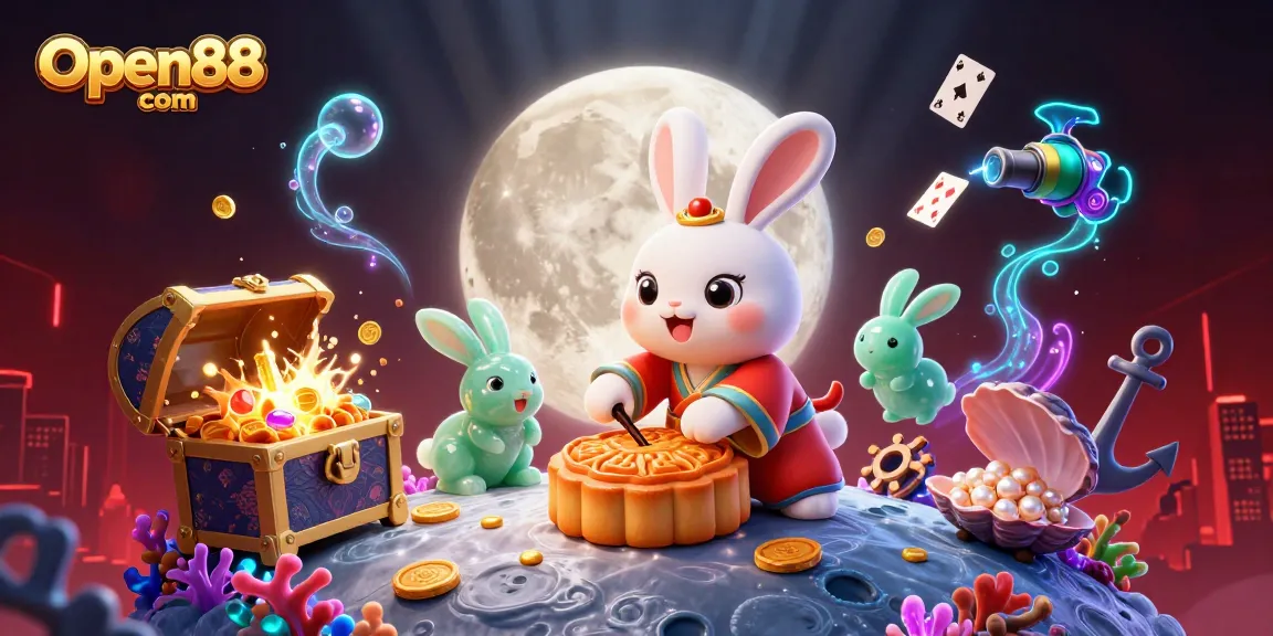 Experience thrilling gameplay with Open88 com, featuring a festive moon rabbit casino illustration.