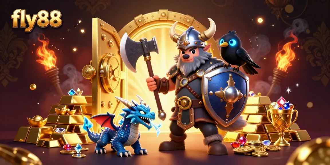 Experience the thrill of fly88 with a Viking warrior, ice dragon, and treasure in a vibrant casino illustration.