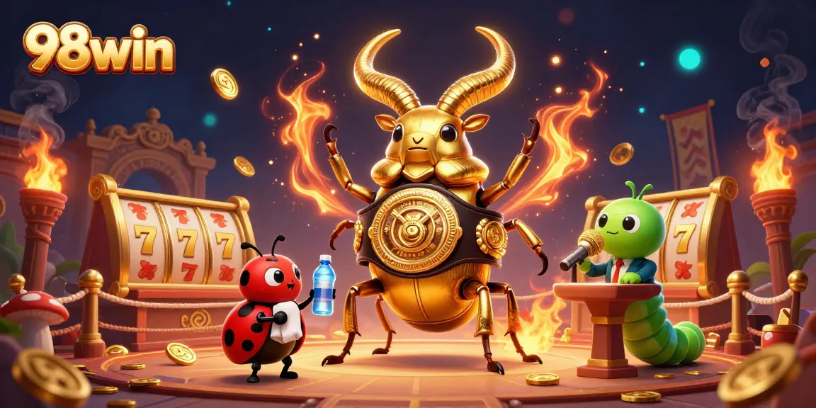 98win features an exciting boxing match scene with a giant stag beetle and engaging casino elements.