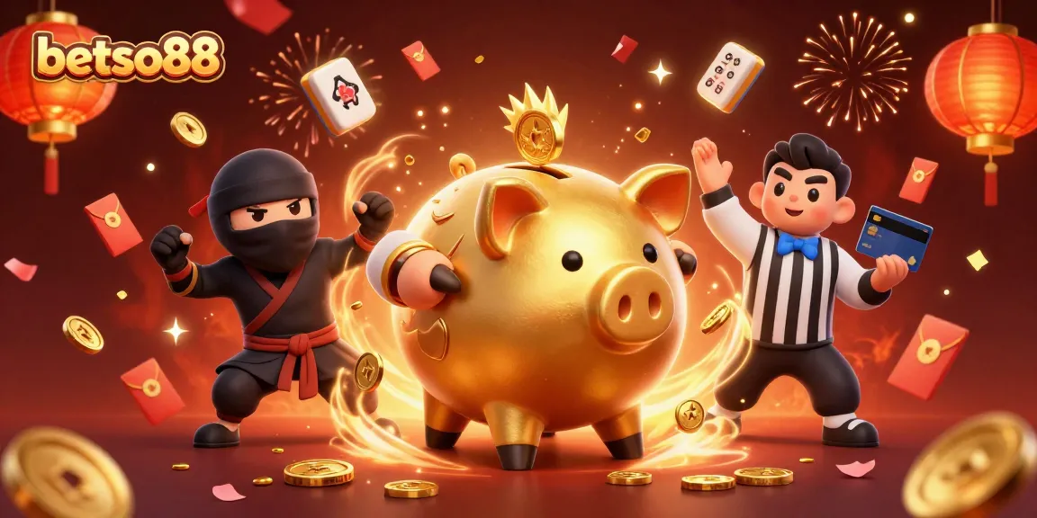 Engage with betso88's thrilling gaming scene featuring a dynamic illustration of a golden piggy bank sumo wrestler.