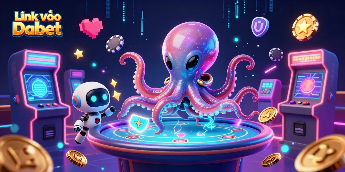 Experience the excitement of Link vào Dabet with a vibrant 3D alien octopus at a holographic poker table.