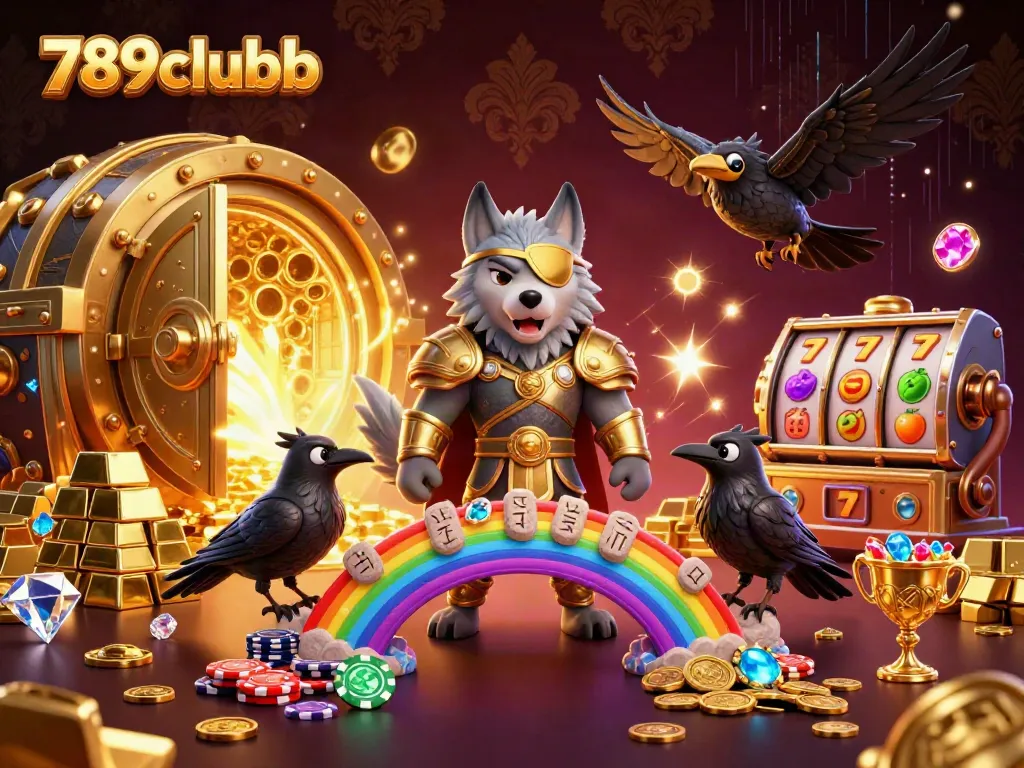 Engage with 789clubb through this vibrant 3D illustration showcasing a Norse-inspired wolf and casino-themed elements.