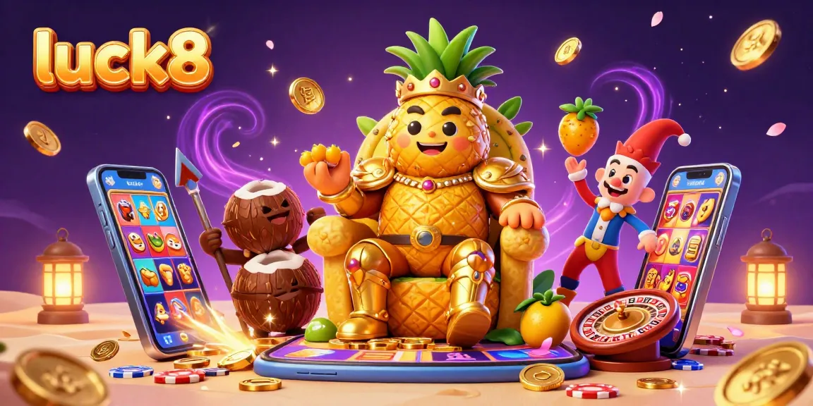 Experience luck8's immersive slot games as the golden pineapple king reigns supreme on a vibrant beach casino backdrop.