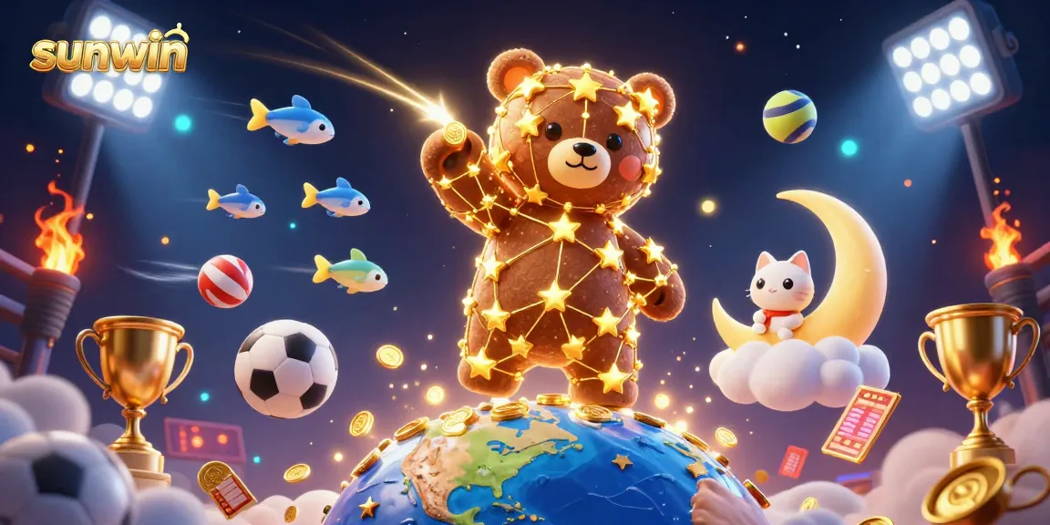 Experience the thrills of sunwin with constellations, golden coins, and vibrant sports elements in a dynamic scene.