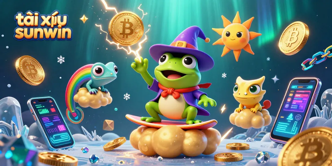 Tài xỉu sunwin showcases an epic scene with a wizard frog and chameleon amid crypto elements.