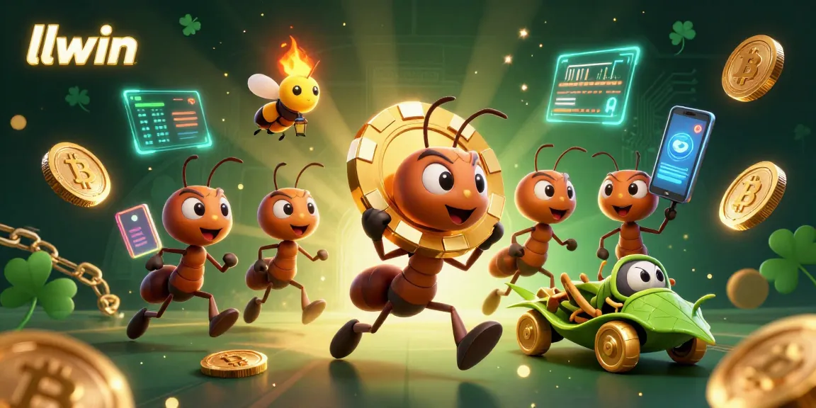 llwin showcases ants heisting a massive poker chip amid vibrant casino elements in a dazzling scene.