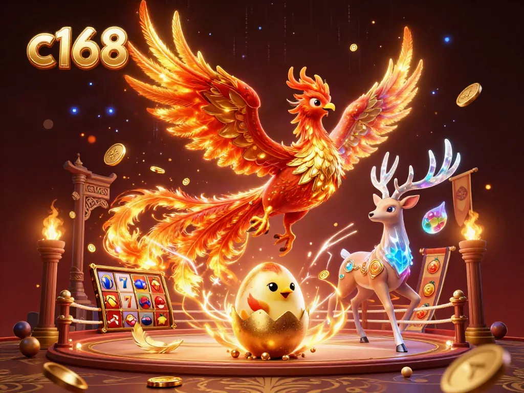 Engage in the thrilling atmosphere of c168 with a vibrant 3D scene of a phoenix and golden gaming elements.
