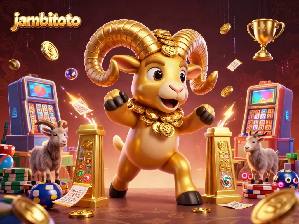 Engage with jambitoto's lively lotto scene featuring a golden ram charging through dynamic game elements.