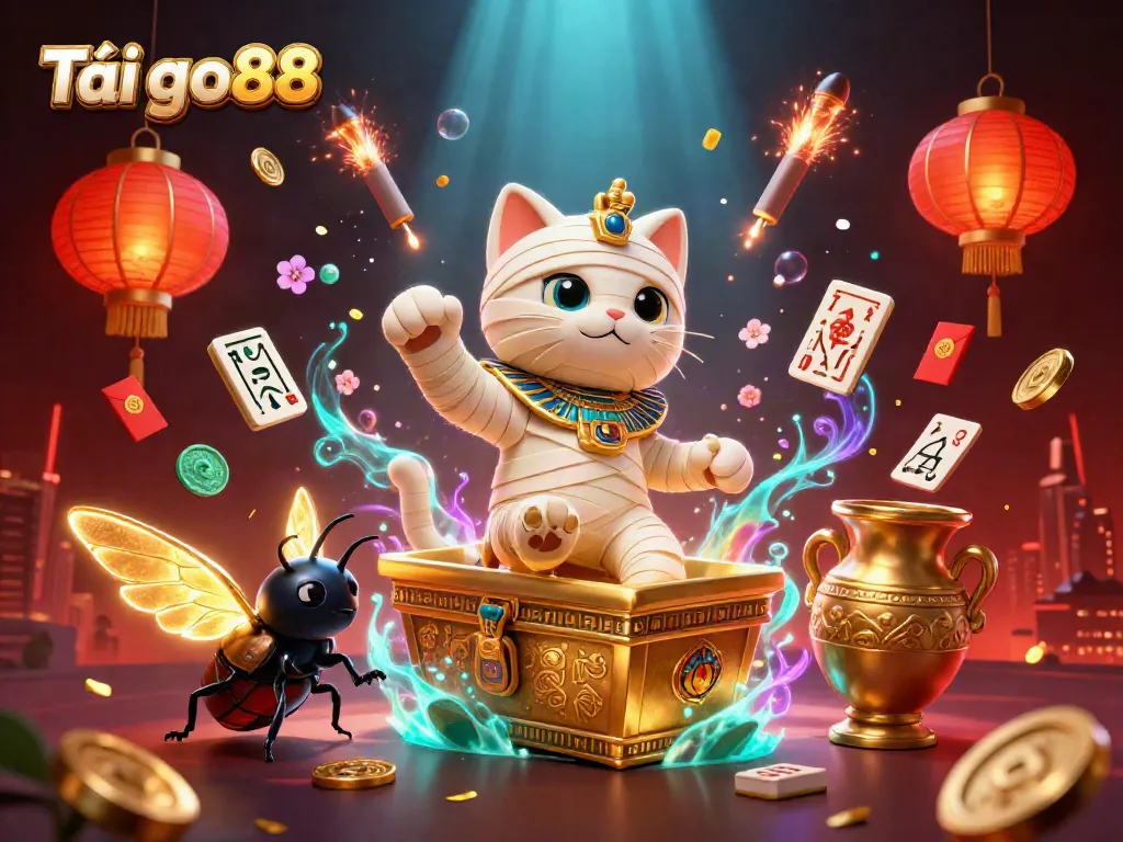 Experience excitement with Tải go88, featuring vibrant casino elements and a captivating mummy cat.