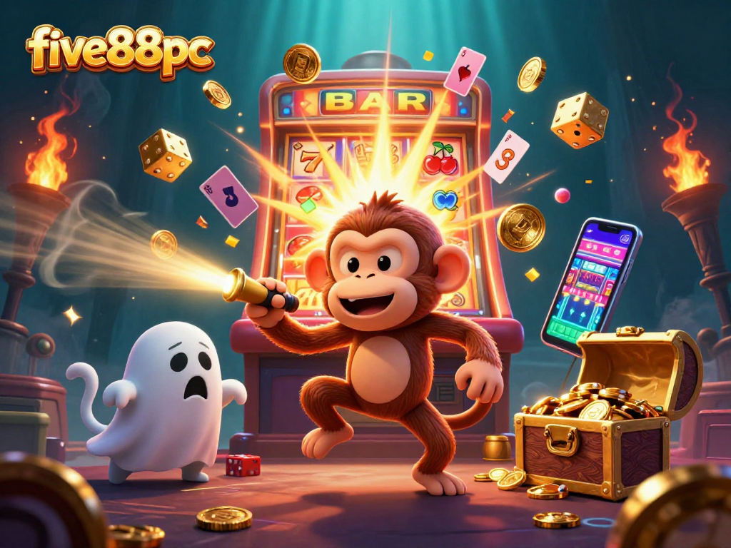 Experience the excitement of five88pc with a whimsical scene of a playful poltergeist monkey and curious puppy in a vibrant casino.