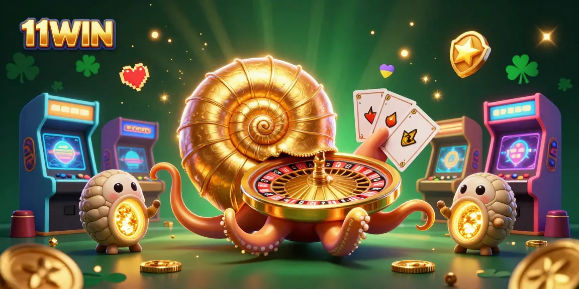 Experience 11WIN's vibrant casino scene with a giant nautilus and gaming elements.