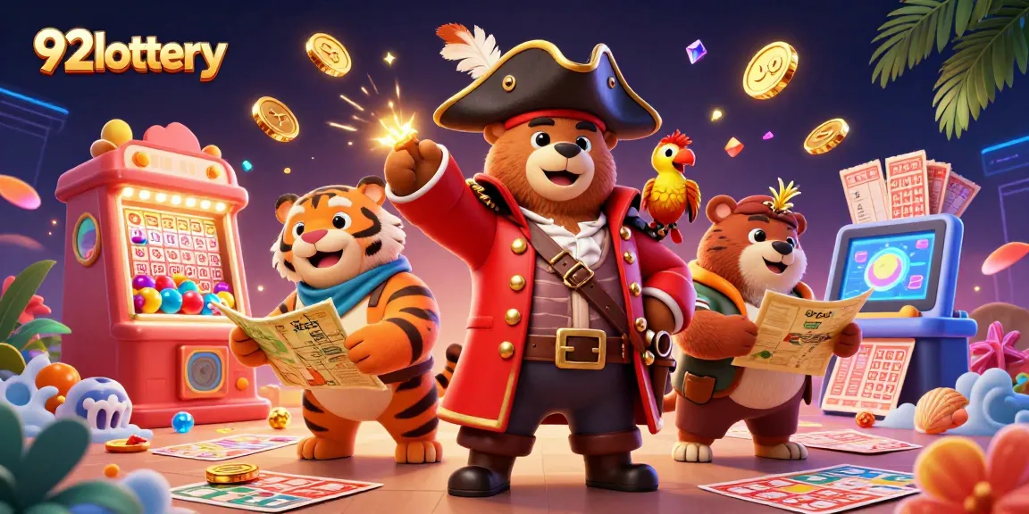Cascade of excitement with 92lottery as cartoon pirate bear and tiger explore winning opportunities in a vibrant lottery setting.