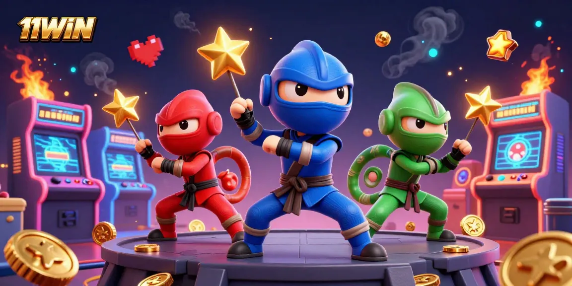 Experience thrilling action with the 11WIN ninja chameleon team in an engaging casino-themed illustration.