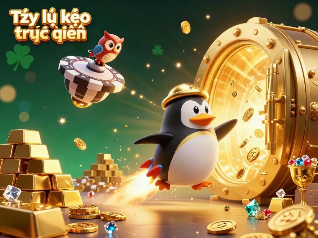 Experience the excitement of Tỷ lệ kèo trực tuyến with a golden penguin and casino elements in a vibrant scene.
