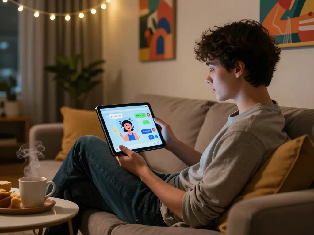 Engaging with an AI NSFW chatbot in a cozy home setting, showcasing playful digital interaction.