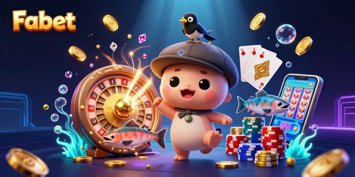Join Fabet for an exciting gaming experience with lively characters, spinning roulette, and vibrant casino elements.