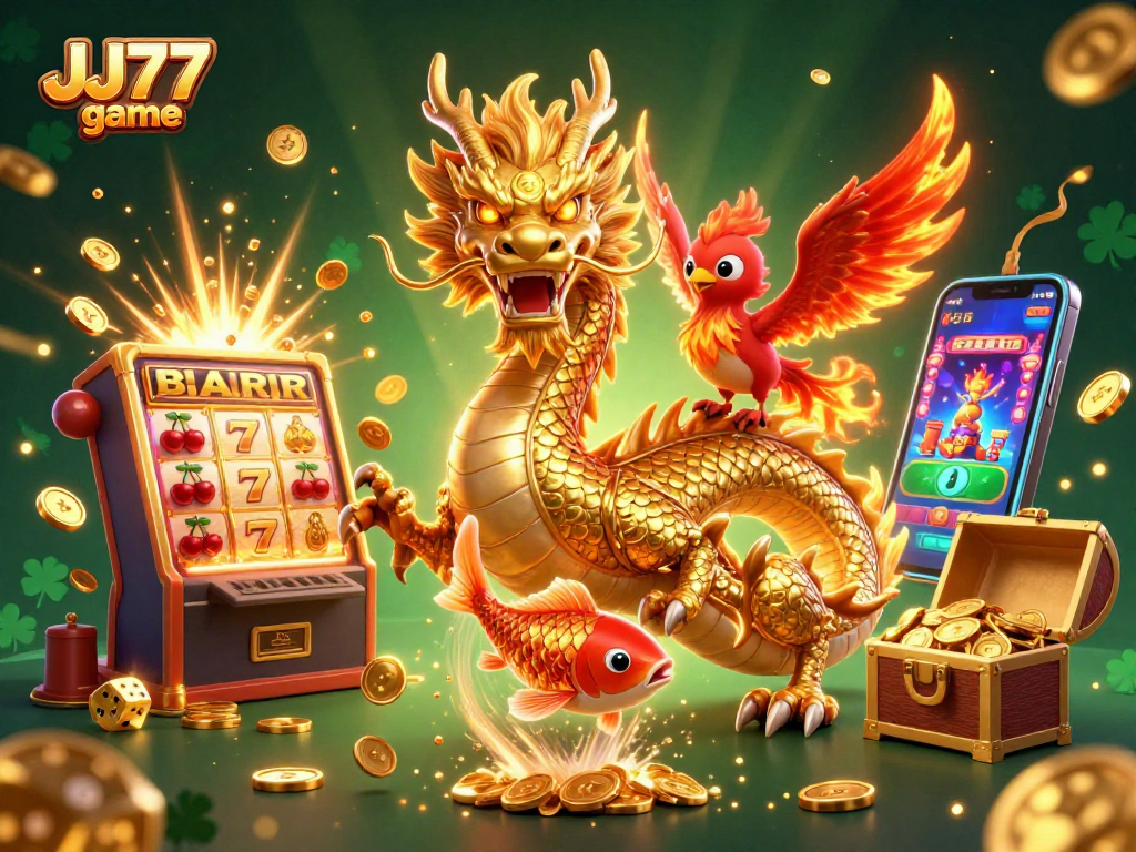 Engage with the JJ77 game in a vibrant, energetic casino atmosphere featuring dragons, phoenixes, and golden rewards.
