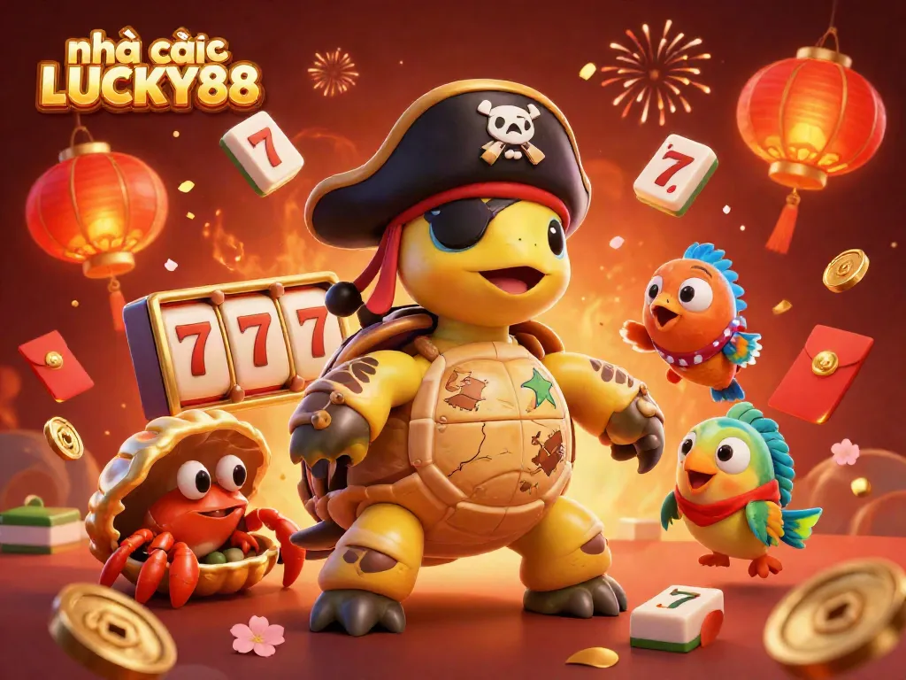 Join the fun at nhà cái LUCKY88 with an exciting cartoon scene of a pirate turtle and vibrant gaming elements.