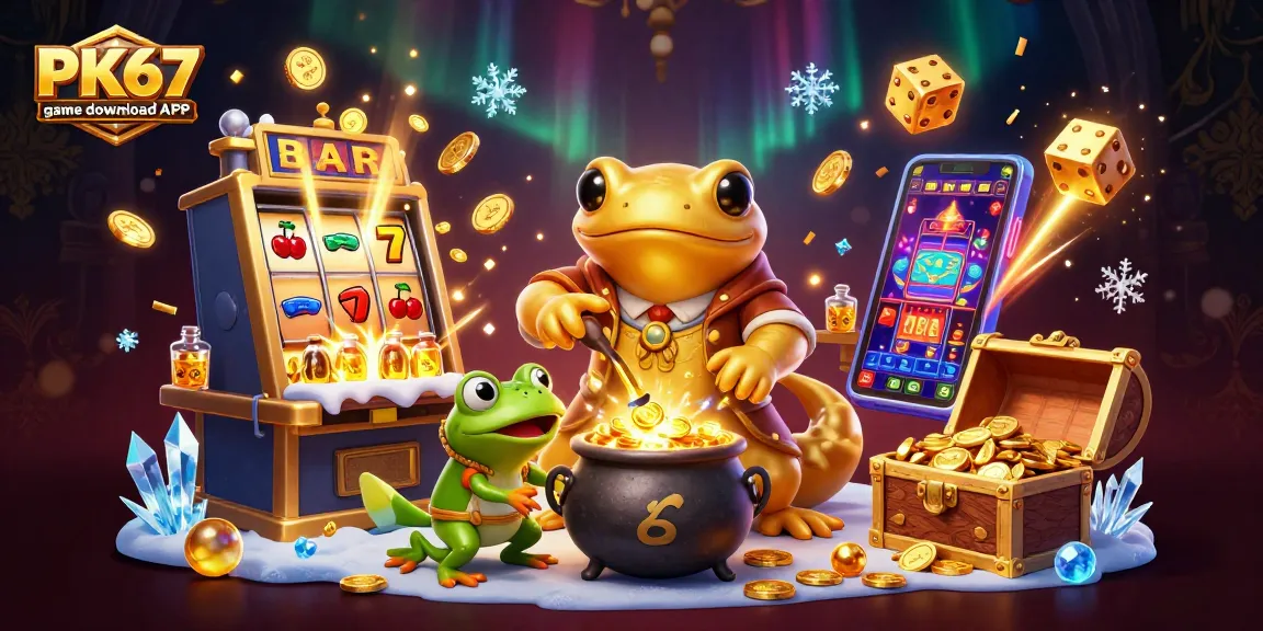 Engage with the PK67 game download APK featuring a vibrant 3D casino scene with dynamic golden elements.