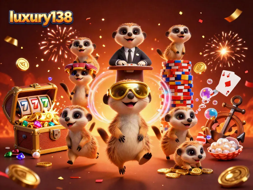 Experience luxury138 at a vibrant 3D casino animated by playful meerkats, showcasing thrilling games.