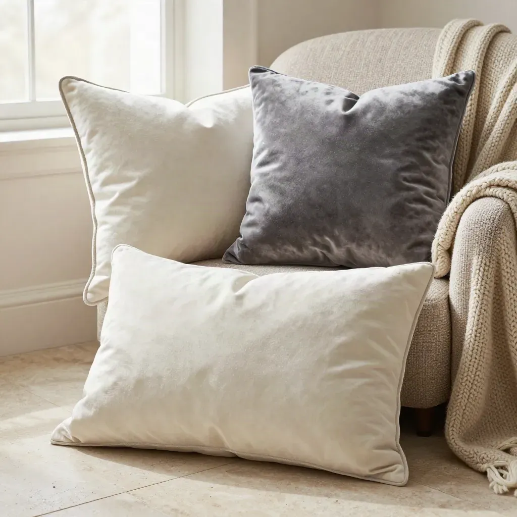 Two velvet snow pillows in a boucle chair corner with a knit throw, winter white and pewter tones.