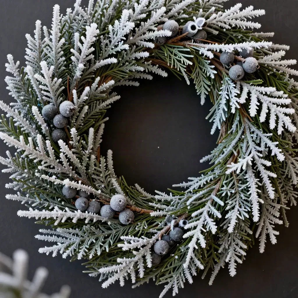 Frosted cedar wreath with berries and drifting crystals on a dark backdrop.