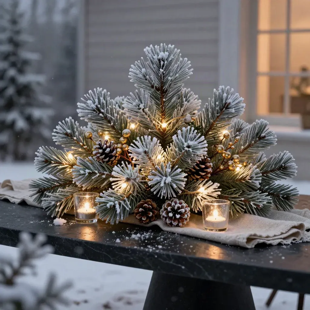 Frosted pine centerpiece with votives glowing on a dark surface in falling snow