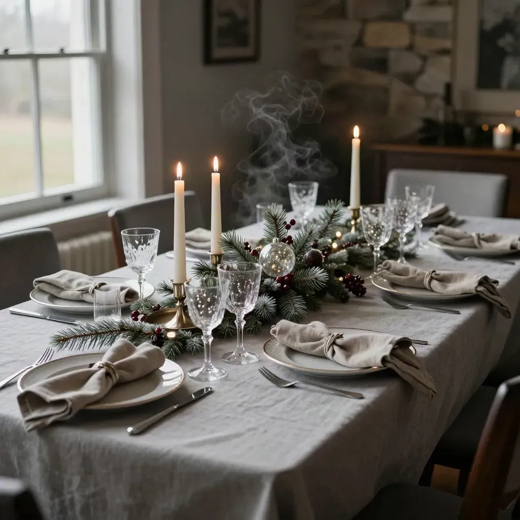 Winter dining table with frosted centerpiece, candles, glassware, and linen napkins