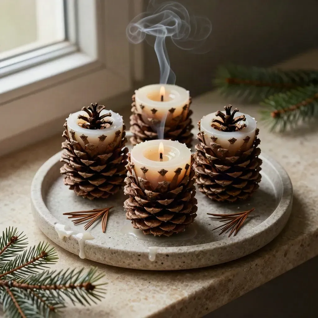 Three pinecone-wrapped pillar candles glowing on a stone tray with soft smoke and winter needles.