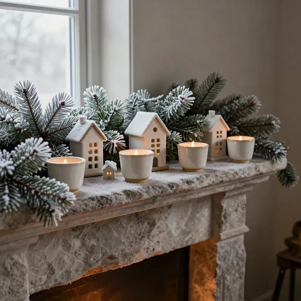 Frosted mantel accents on stone shelf with ceramic cups, tiny houses and evergreen garland.