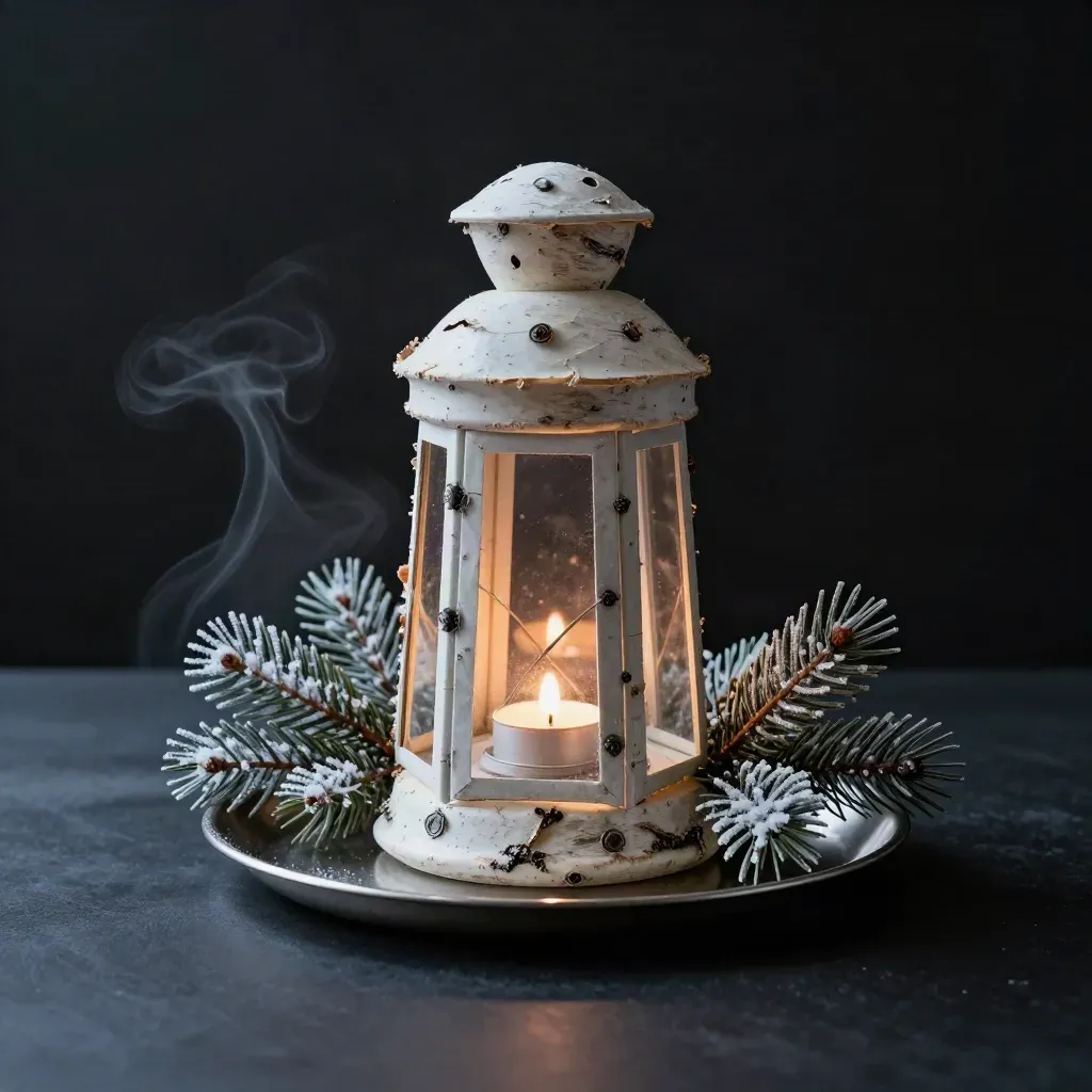 Birch-bark lantern centerpiece glowing on a black studio surface with frosted greenery